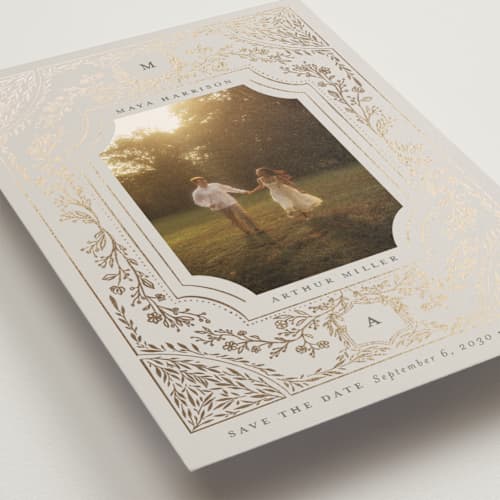 This is a fawn foil stamped save the date cards with foil pressed by Nicoletta Savod called romantics printing on recycled smooth signature in standard