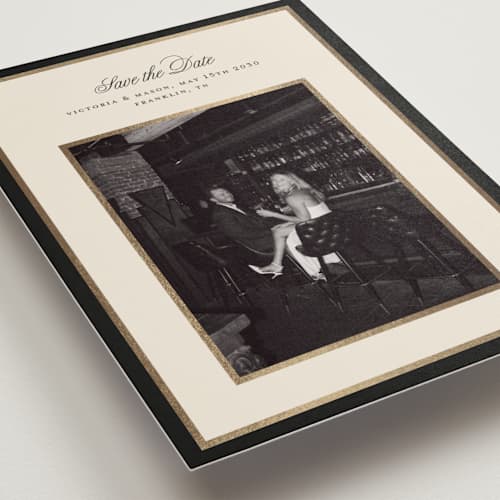 This is a ash foil stamped save the date cards with foil pressed by Jelena Vuletic called aurelia printing on recycled smooth signature in standard