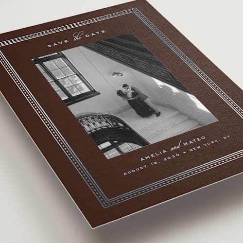 This is a espresso foil stamped save the date cards with foil pressed by Ana de Sousa called the metropolitan printing on recycled smooth signature in standard