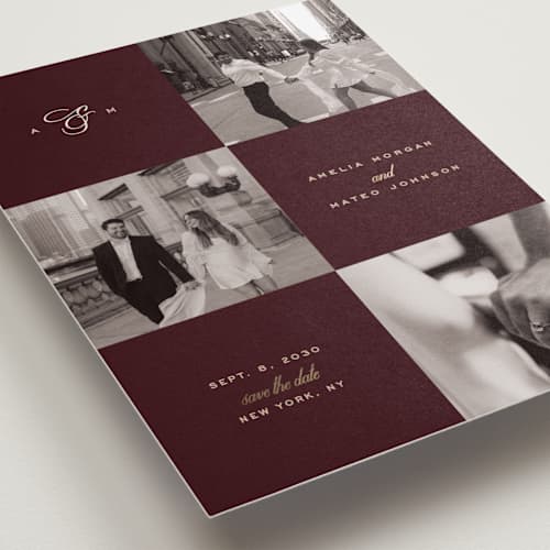 This is a black cherry foil stamped save the date cards with foil pressed by Ana de Sousa called the mosaic printing on recycled smooth signature in standard