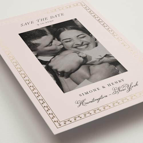 This is a vanilla foil stamped save the date cards with foil pressed by Benita Crandall called vintage border printing on recycled smooth signature in standard