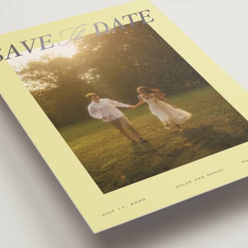 This is a citrine foil stamped save the date cards with foil pressed by Creo Study called gilded island printing on recycled smooth signature in standard