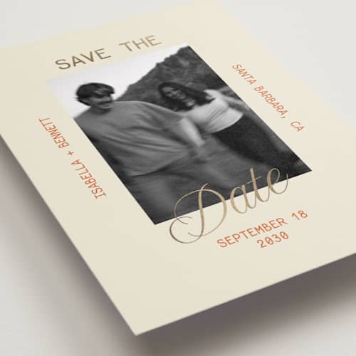 This is a persimmon foil stamped save the date cards with foil pressed by Roseberry called bennett printing on recycled smooth signature in standard
