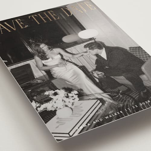 This is a snow foil stamped save the date cards with foil pressed by Maja Cunningham called classic timeless printing on recycled smooth signature in standard