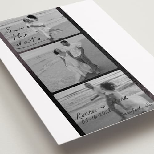 This is a onyx foil stamped save the date cards with foil pressed by Sarah Mraz called filmstrip printing on recycled smooth signature in standard