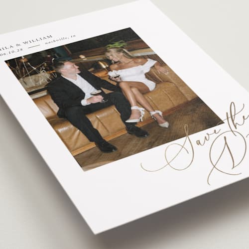 This is a pearl foil stamped save the date cards with foil pressed by Melanie Kosuge called side swept printing on recycled smooth signature in standard