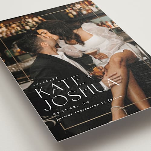 This is a pearl foil stamped save the date cards with foil pressed by Brooke Chandler called surround printing on recycled smooth signature in standard