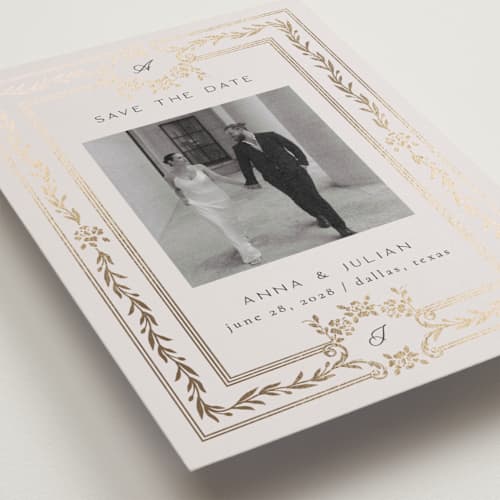 This is a silk foil stamped save the date cards with foil pressed by Ana de Sousa called olive elegance printing on recycled smooth signature in standard