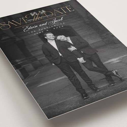 This is a pearl foil stamped save the date cards with foil pressed by Leah Bisch called union printing on recycled smooth signature in standard