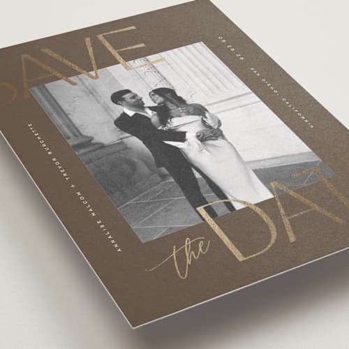 This is a desert foil stamped save the date cards with foil pressed by Wildfield Paper Co called saguaro printing on recycled smooth signature in standard