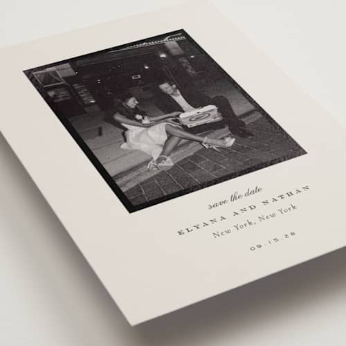 This is a cream foil stamped save the date cards with foil pressed by Sara Hicks Malone called classically yours printing on recycled smooth signature in standard