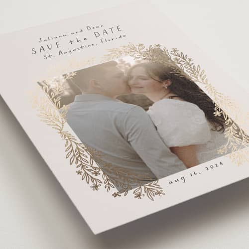 This is a cloud foil stamped save the date cards with foil pressed by Laura Hankins called flourishing printing on recycled smooth signature in standard