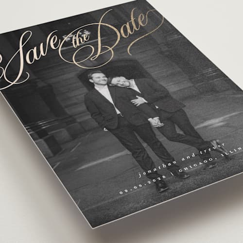 This is a powder foil stamped save the date cards with foil pressed by Stacy Maalouf called formal script printing on recycled smooth signature in standard