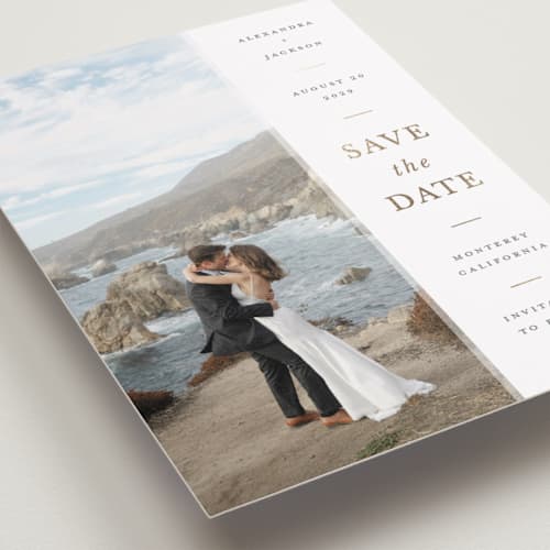 This is a chiffon foil stamped save the date cards with foil pressed by Ashley Rosenbaum called effortless printing on recycled smooth signature in standard