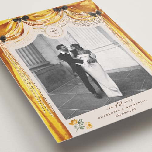 This is a golden foil stamped save the date cards with foil pressed by Claudia Orengo called tuileries printing on recycled smooth signature in standard