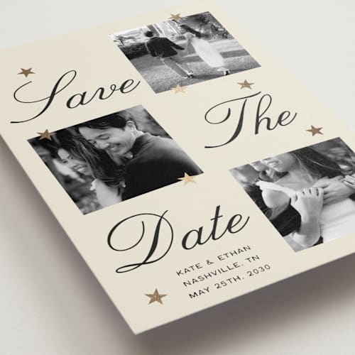 This is a champagne foil stamped save the date cards with foil pressed by Ani Somi called merry stars printing on recycled smooth signature in standard