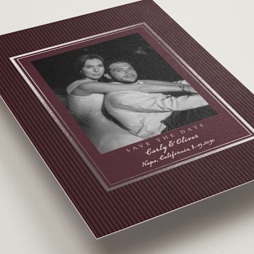 This is a wine foil stamped save the date cards with foil pressed by Elly called charm printing on recycled smooth signature in standard
