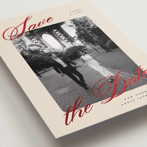 This is a buttercream foil stamped save the date cards with foil pressed by Pixel and Hank called donovan printing on recycled smooth signature in standard