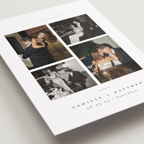 This is a ink foil stamped save the date cards with foil pressed by Kristie Kern called boucle printing on recycled smooth signature in standard