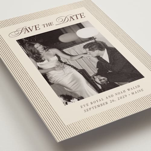 This is a maroon foil stamped save the date cards with foil pressed by Pati Cascino called sienna printing on recycled smooth signature in standard