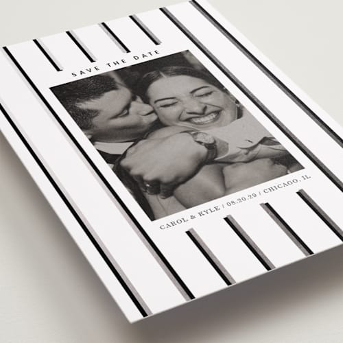 This is a snow foil stamped save the date cards with foil pressed by Baumbirdy called stripes printing on recycled smooth signature in standard