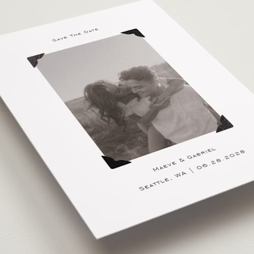 This is a quartz foil stamped save the date cards with foil pressed by Jenny Millington called scrapbook frame printing on recycled smooth signature in standard