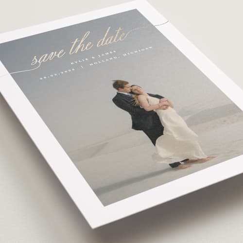 This is a shell foil stamped save the date cards with foil pressed by Pixel and Hank called admire printing on recycled smooth signature in standard