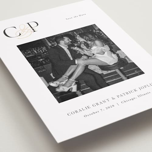 This is a pearl foil stamped save the date cards with foil pressed by Melanie Kosuge called bold monogram printing on recycled smooth signature in standard