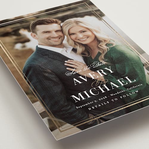 This is a cotton foil stamped save the date cards with foil pressed by Jennifer Postorino called classic frame printing on recycled smooth signature in standard