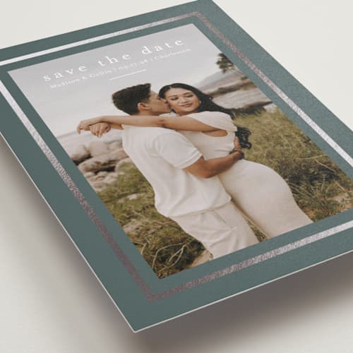 This is a juniper foil stamped save the date cards with foil pressed by Jessica Williams called dulcet printing on recycled smooth signature in standard