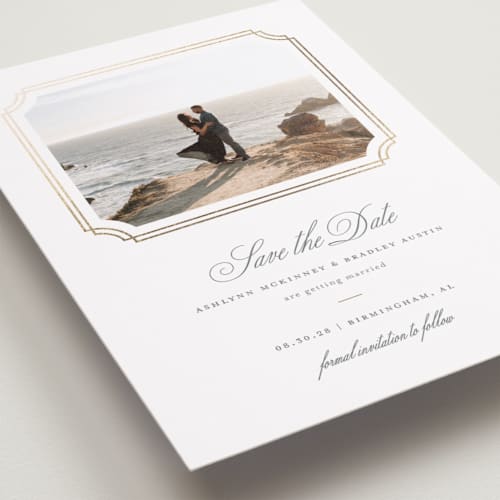 This is a pearl foil stamped save the date cards with foil pressed by Sarah Brown called formality printing on recycled smooth signature in standard