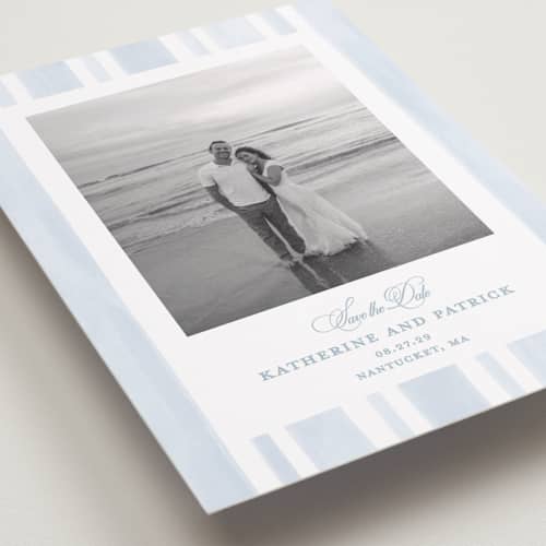 This is a ocean save the date with standard by Creo Study called coastal crest printing on recycled smooth signature in standard