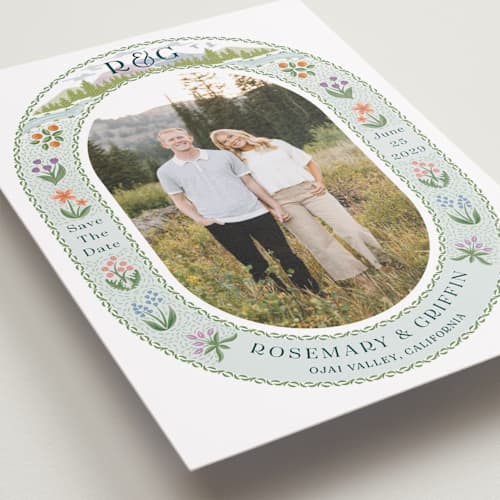 This is a pine save the date with standard by Paper Sun Studio called river valley printing on recycled smooth signature in standard