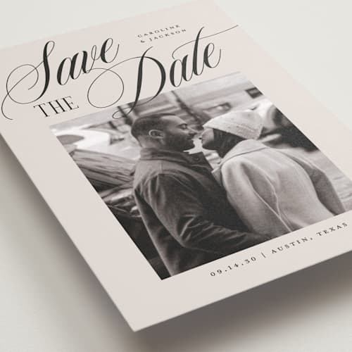 This is a buttercream save the date with standard by Jessica Williams called belmont printing on recycled smooth signature in standard