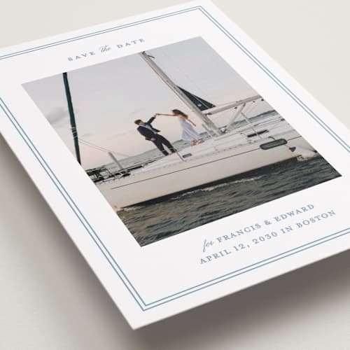 This is a ocean save the date with standard by Carolyn MacLaren called boathouse printing on recycled smooth signature in standard