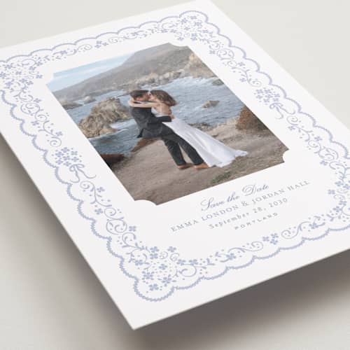 This is a something blue save the date with standard by Erin L. Wilson called tillie printing on recycled smooth signature in standard