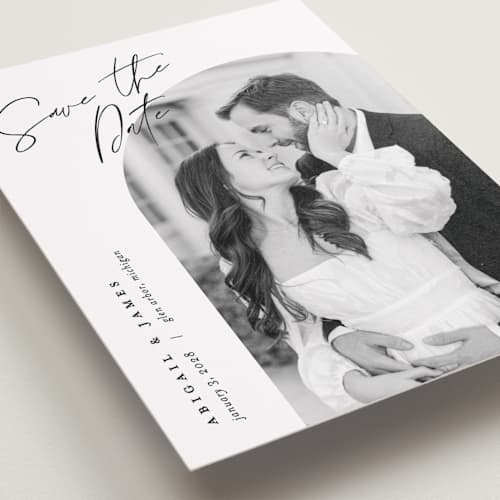 This is a snow save the date with standard by Pixel and Hank called capture printing on recycled smooth signature in standard