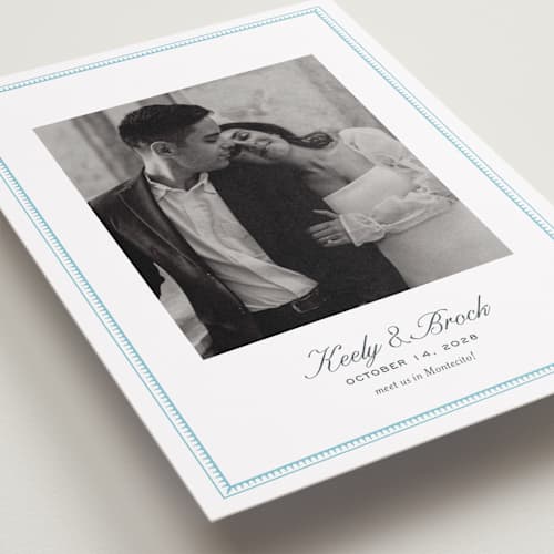 This is a ocean save the date with standard by Megan Davis called proper printing on recycled smooth signature in standard