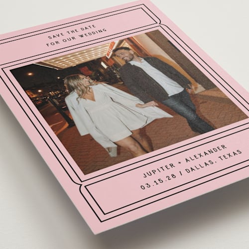 This is a gumdrop save the date with standard by Pati Cascino called ticket printing on recycled smooth signature in standard