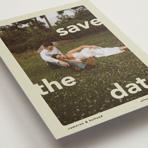 This is a mint save the date with standard by Lori Wemple called save.the.date printing on recycled smooth signature in standard