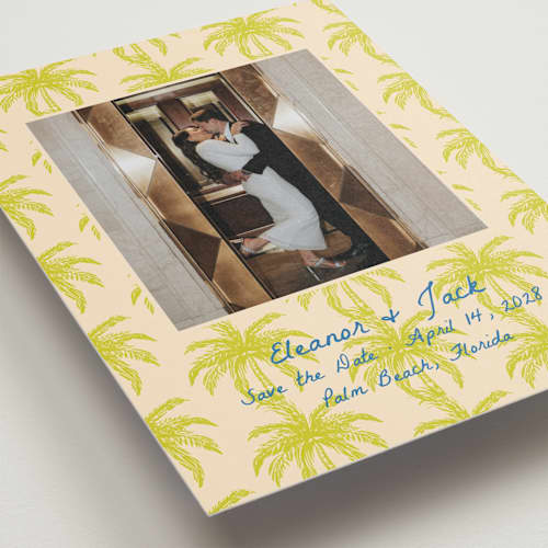This is a limon save the date with standard by Megan Davis called palm beach printing on recycled smooth signature in standard