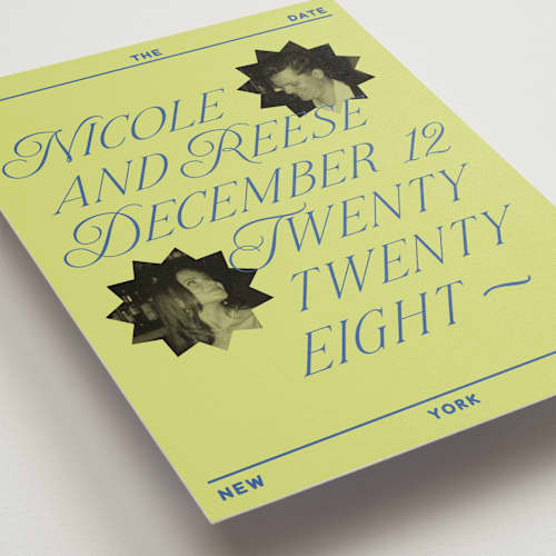 This is a chartreuse save the date with standard by Jennifer Lew called communiqué printing on recycled smooth signature in standard