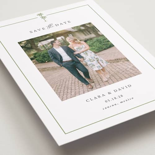 This is a leaf save the date with standard by Olivia Raufman called palm monogram printing on recycled smooth signature in standard