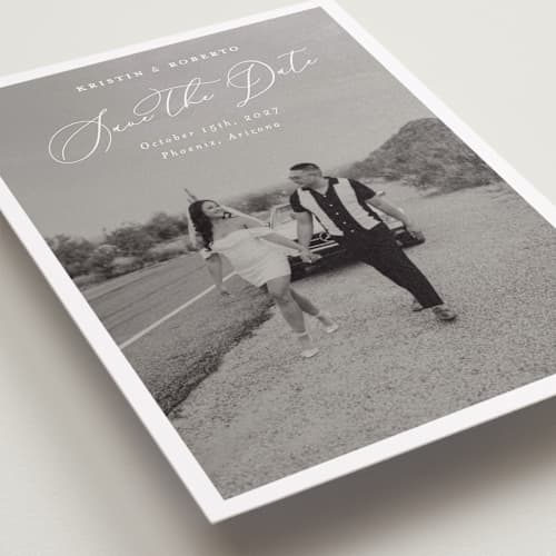 This is a bianco save the date with standard by Pati Cascino called toulon printing on recycled smooth signature in standard