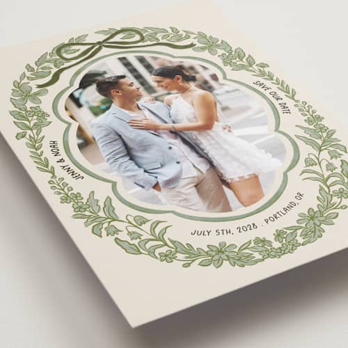 This is a olive save the date with standard by Elly called charm printing on recycled smooth signature in standard