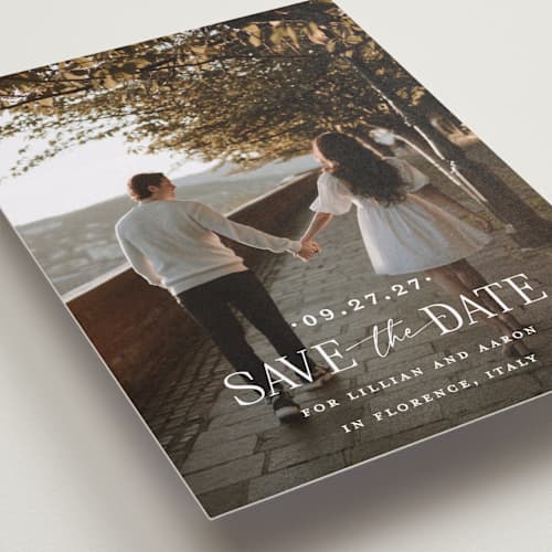 This is a powder save the date with standard by Carolyn MacLaren called together forever printing on recycled smooth signature in standard