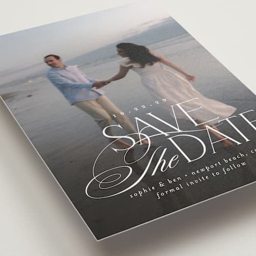 This is a pearl save the date with standard by Brooke Chandler called novella printing on recycled smooth signature in standard