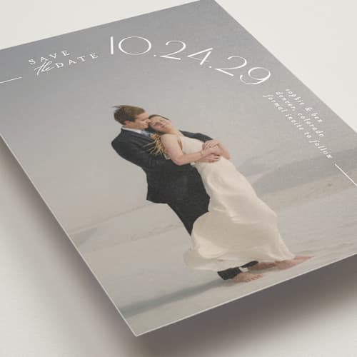 This is a pearl save the date with standard by Brooke Chandler called curved date printing on recycled smooth signature in standard