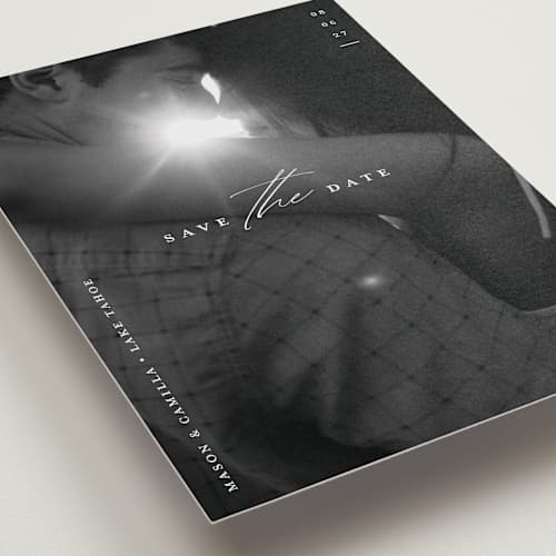 This is a pearl save the date with standard by Christie Garcia called focal printing on recycled smooth signature in standard