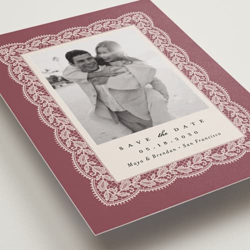 This is a mauve save the date with standard by Erica Krystek called chantilly printing on recycled smooth signature in standard